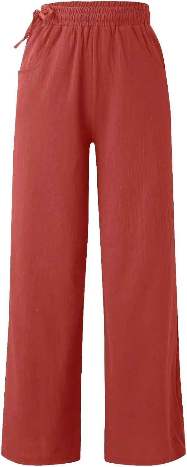 Women Cotton Linen Wide Leg Trousers High Waist Plus Size Lounge Pants Pockets Leisure Pant Causal Sweatpants