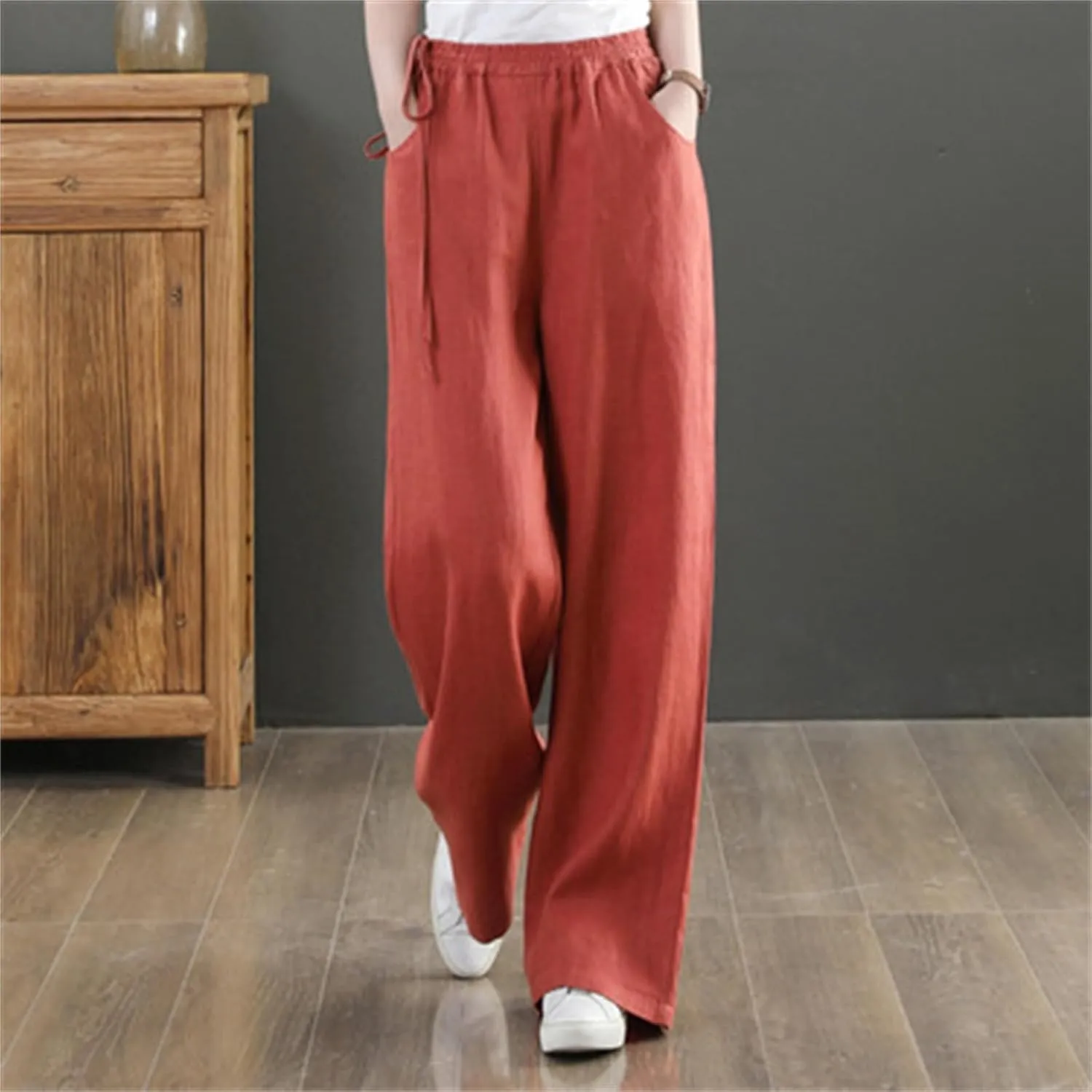 Women Cotton Linen Wide Leg Trousers High Waist Plus Size Lounge Pants Pockets Leisure Pant Causal Sweatpants