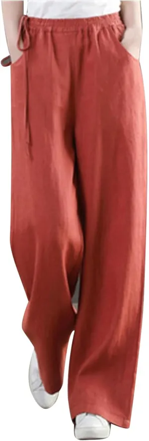 Women Cotton Linen Wide Leg Trousers High Waist Plus Size Lounge Pants Pockets Leisure Pant Causal Sweatpants