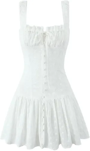 Women Floral Embroidery Tank Dress Square Collar Sleeveless Cotton Mini Dresses Holiday Robe