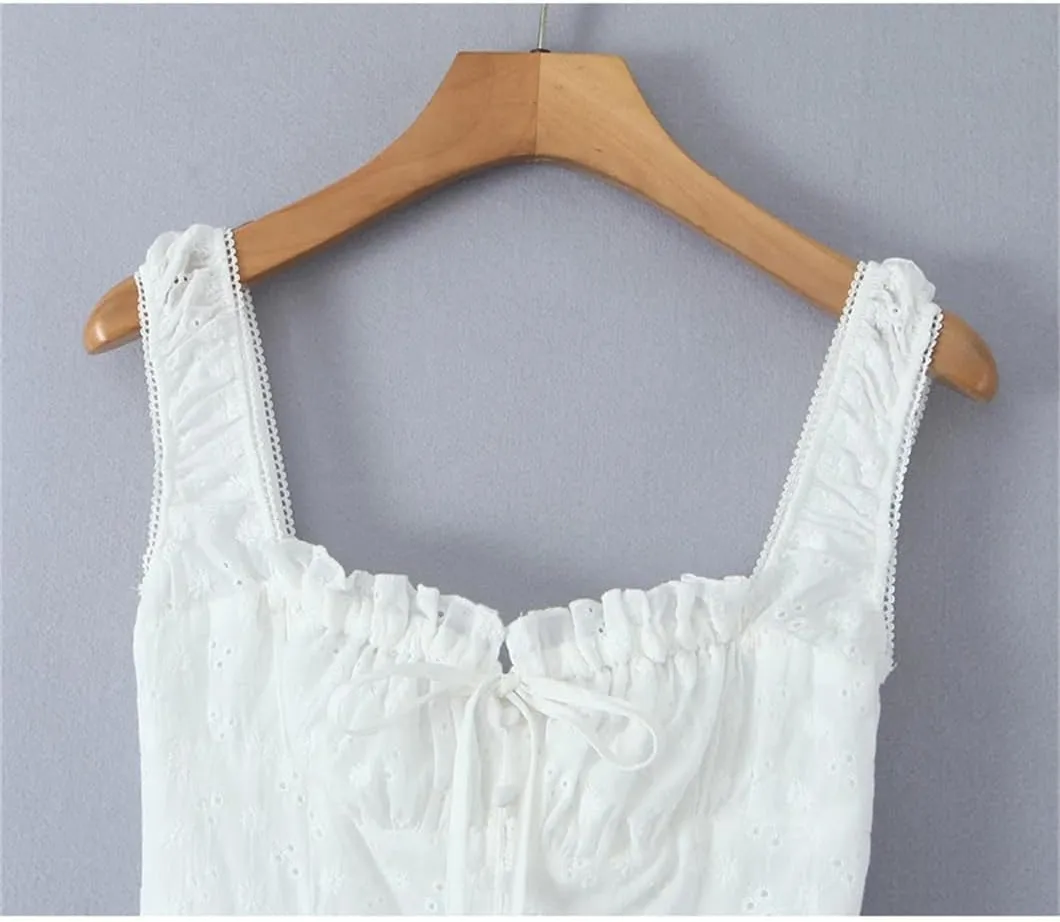 Women Floral Embroidery Tank Dress Square Collar Sleeveless Cotton Mini Dresses Holiday Robe