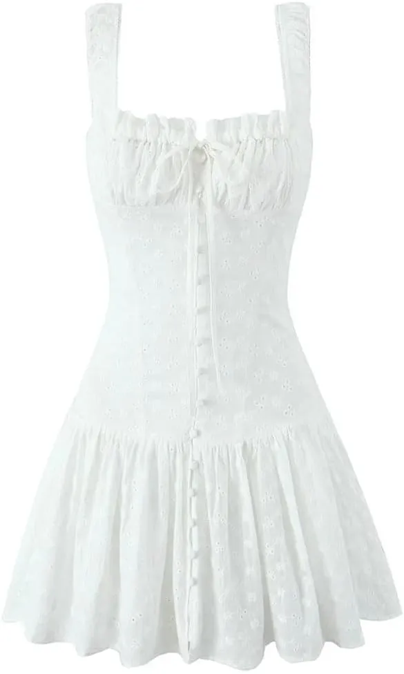 Women Floral Embroidery Tank Dress Square Collar Sleeveless Cotton Mini Dresses Holiday Robe