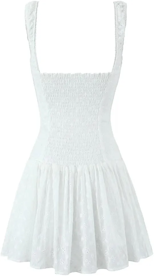 Women Floral Embroidery Tank Dress Square Collar Sleeveless Cotton Mini Dresses Holiday Robe