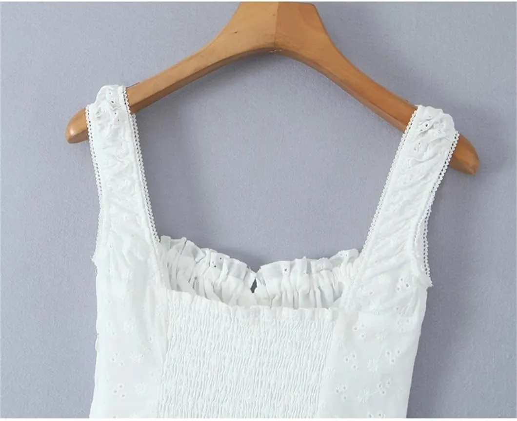 Women Floral Embroidery Tank Dress Square Collar Sleeveless Cotton Mini Dresses Holiday Robe