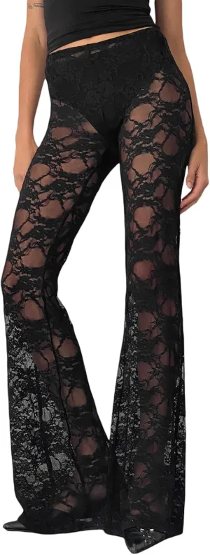 Women Floral Lace Bell Pants Sexy See Through Lace Pants Sheer Mesh Bottom Y2k High Waist Cover Up Trousers