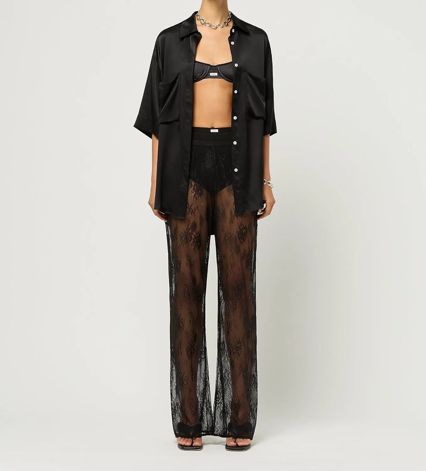 Women Floral Lace Bell Pants Sexy See Through Lace Pants Sheer Mesh Bottom Y2k High Waist Cover Up Trousers