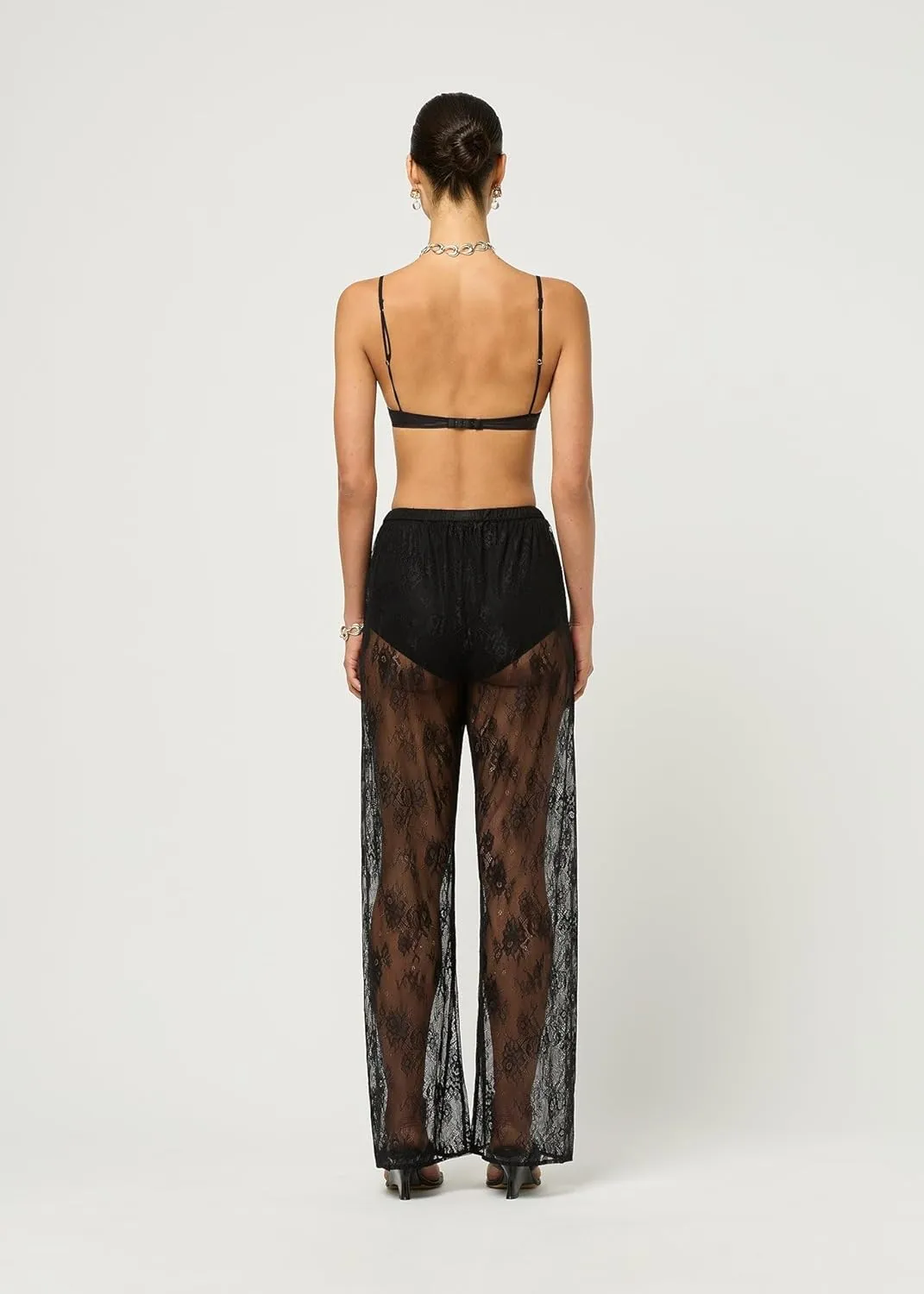 Women Floral Lace Bell Pants Sexy See Through Lace Pants Sheer Mesh Bottom Y2k High Waist Cover Up Trousers