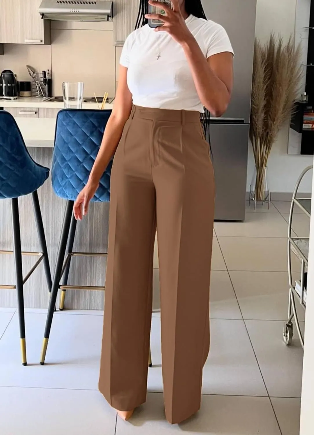 Women High Waist Wide Leg Dress Pants Straight Leg Business Work Slacks Casual Button Down Office Trousers with Pockets