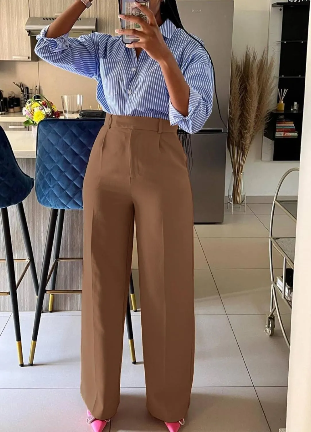 Women High Waist Wide Leg Dress Pants Straight Leg Business Work Slacks Casual Button Down Office Trousers with Pockets