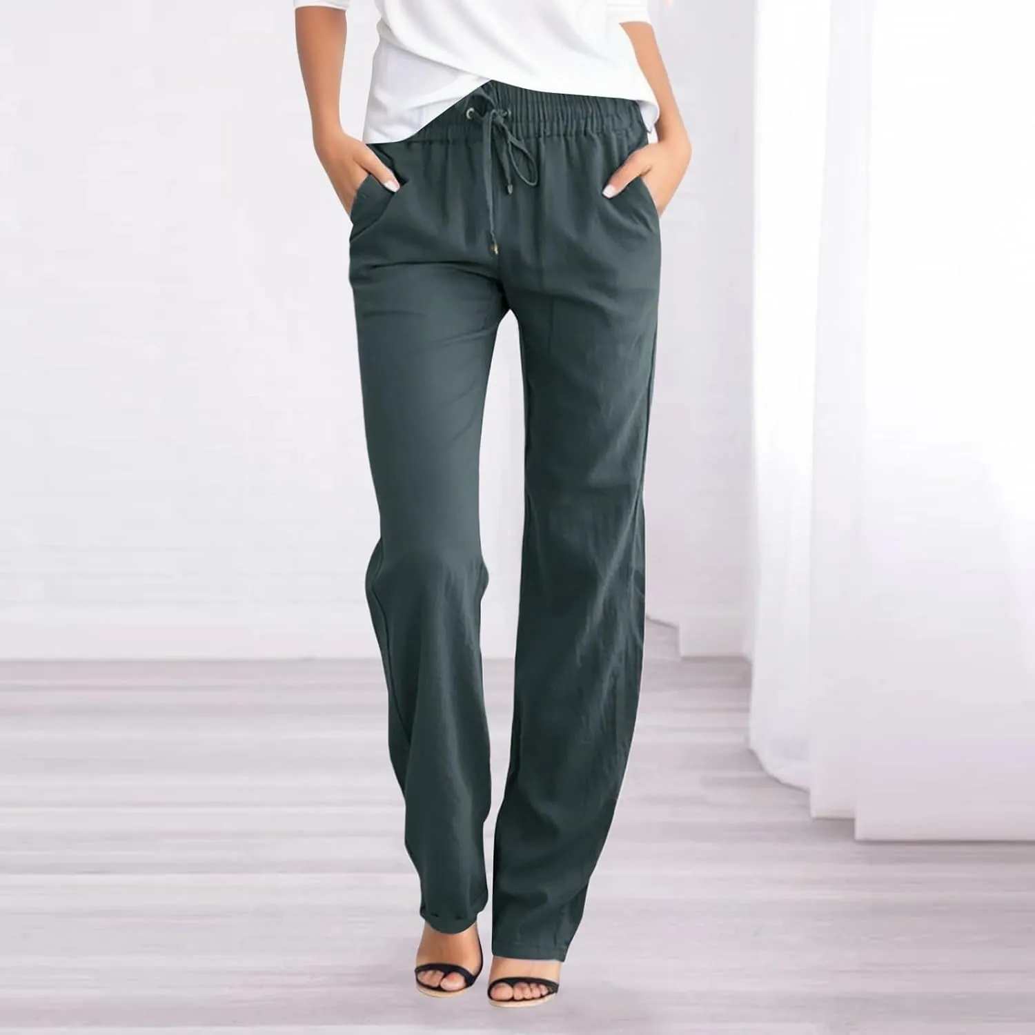 Women Linen Blend Summer Boho Palazzo Lounge Pants Elastic Waist Lounge Pants Slim-Fit Pants Work Business