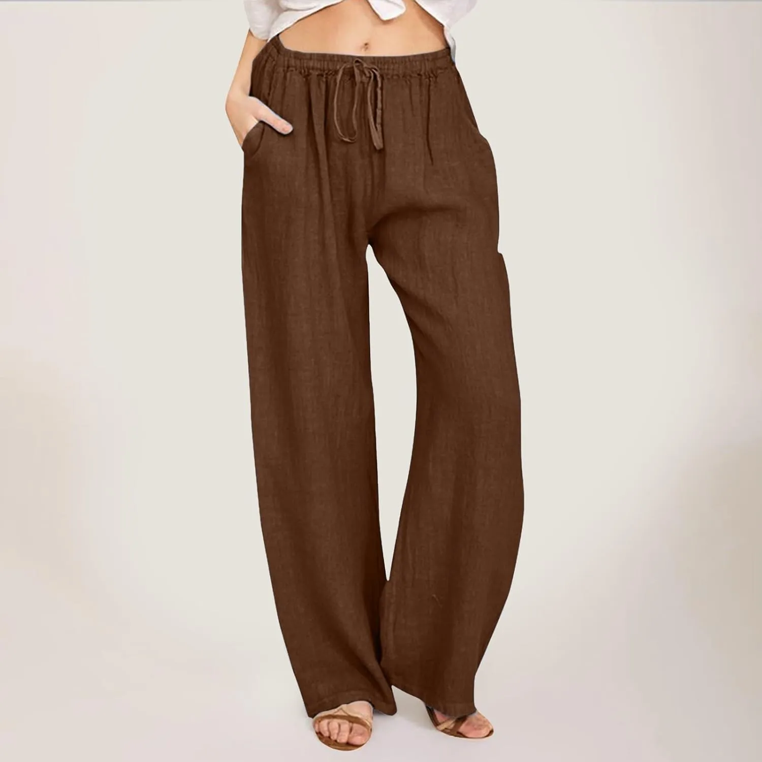 Women Linen Blend Summer Casual Flowy Pants Elastic Waist Wide Leg Loose Fit Trousers Vacation