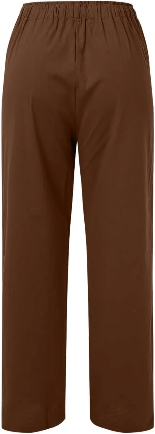 Women Linen Blend Summer Casual Flowy Pants Elastic Waist Wide Leg Loose Fit Trousers Vacation