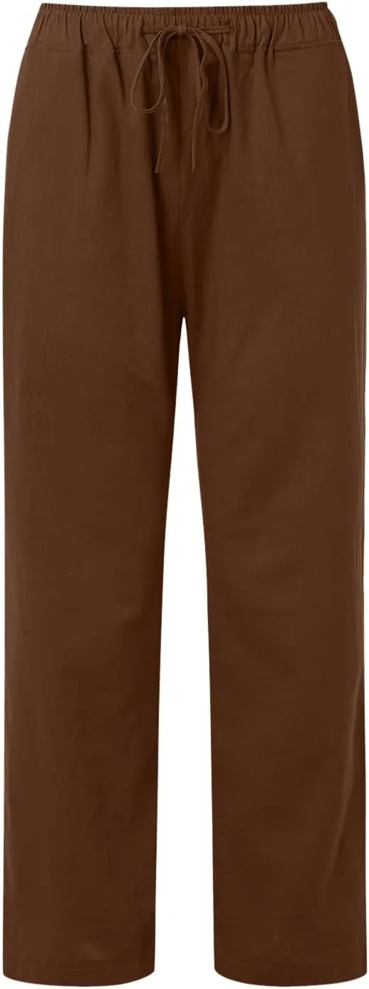 Women Linen Blend Summer Casual Flowy Pants Elastic Waist Wide Leg Loose Fit Trousers Vacation