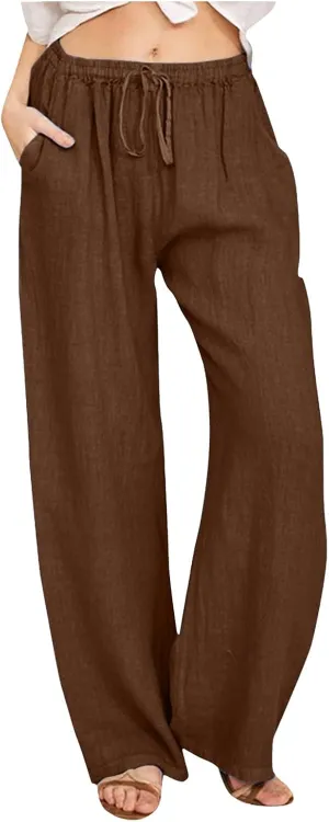 Women Linen Blend Summer Casual Flowy Pants Elastic Waist Wide Leg Loose Fit Trousers Vacation