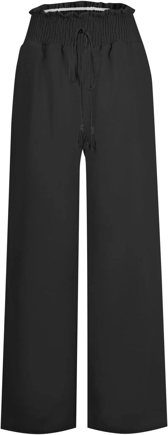 Women Linen Blend Summer Comfy Palazzo Lounge Pants Elastic Waist Lounge Pants Loose Fit Palazzo Pants Beach