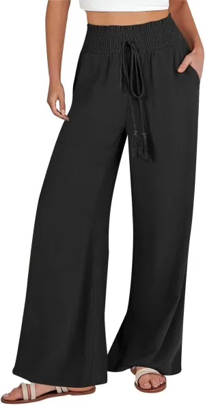 Women Linen Blend Summer Comfy Palazzo Lounge Pants Elastic Waist Lounge Pants Loose Fit Palazzo Pants Beach