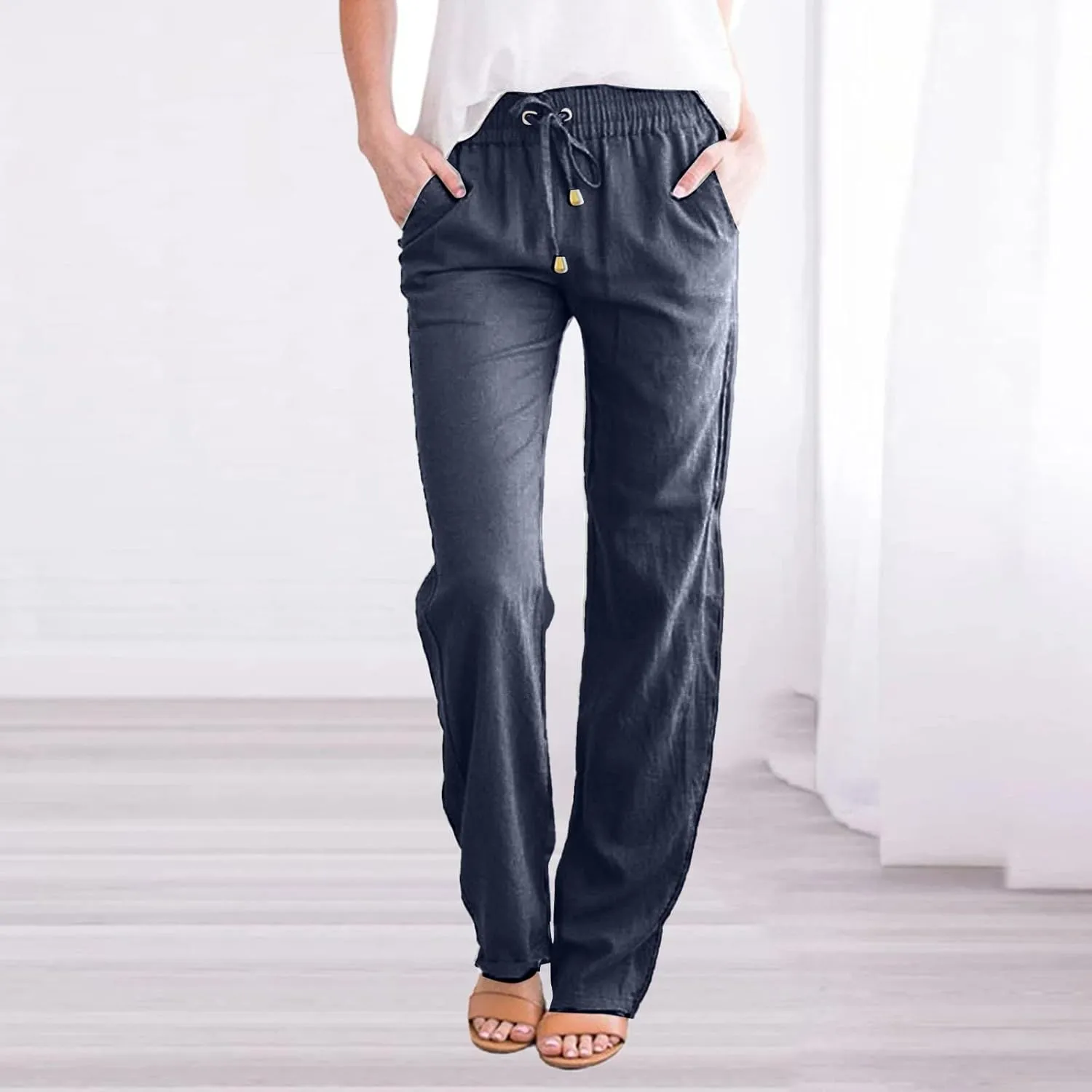 Women Linen Blend Summer Drawstring Palazzo Lounge Pants Low Waist Ankle Length Plus Size Pant Trousers Trendy