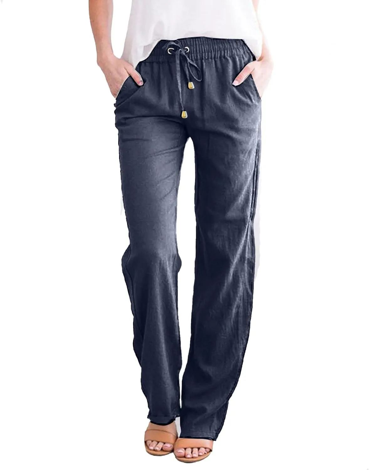 Women Linen Blend Summer Drawstring Palazzo Lounge Pants Low Waist Ankle Length Plus Size Pant Trousers Trendy