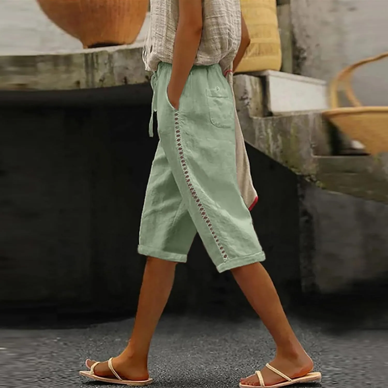 Women Linen Blend Summer Fashion Pant Trousers High Waist Wide Leg Loose Fit Palazzo Pants Business Work