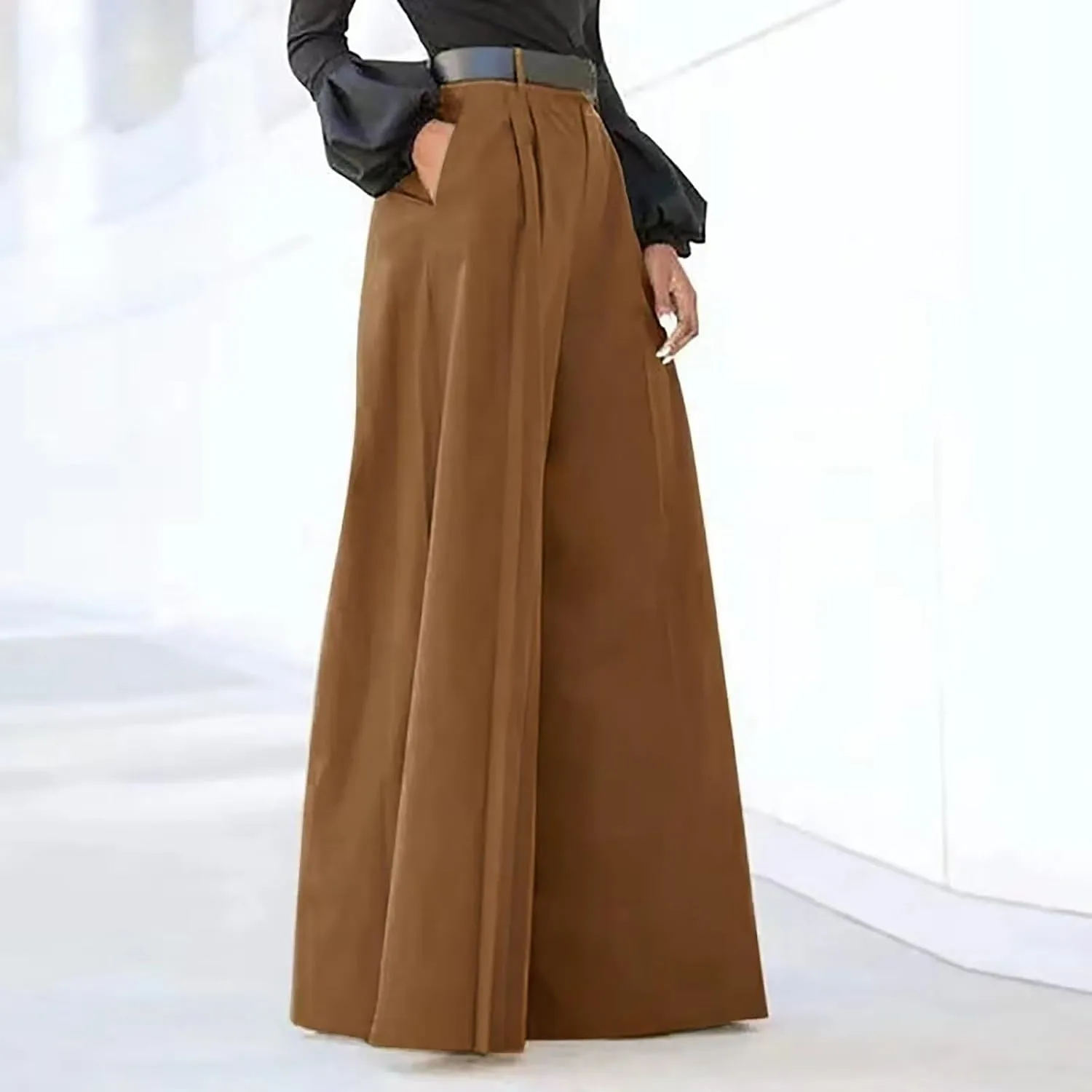 Women Linen Blend Summer Flowy Palazzo Pants Elastic Waisted Straight Loose Fit Palazzo Pants Vacation