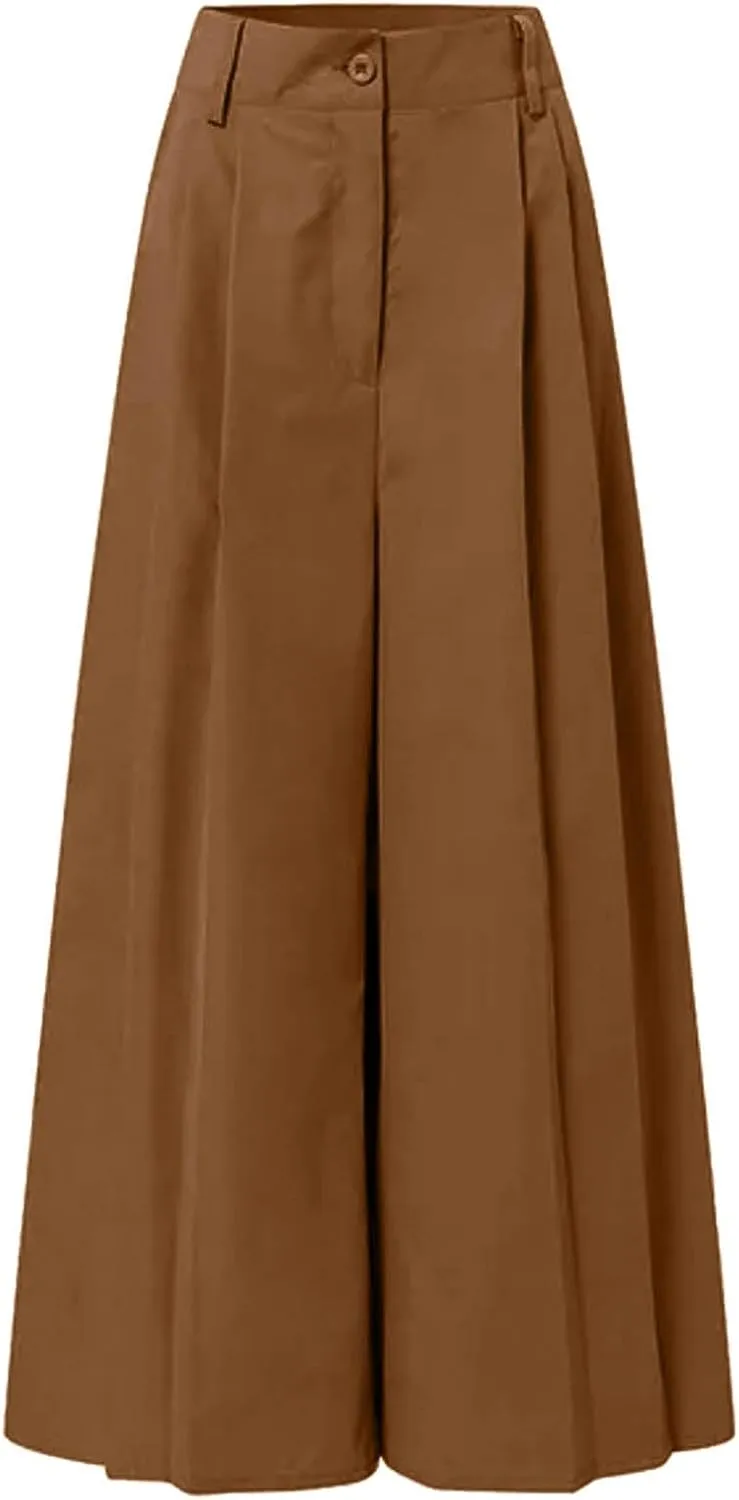 Women Linen Blend Summer Flowy Palazzo Pants Elastic Waisted Straight Loose Fit Palazzo Pants Vacation