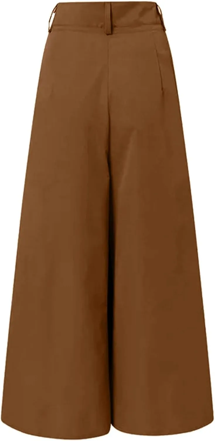Women Linen Blend Summer Flowy Palazzo Pants Elastic Waisted Straight Loose Fit Palazzo Pants Vacation