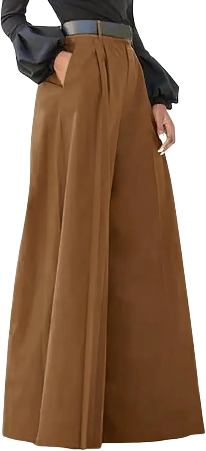 Women Linen Blend Summer Flowy Palazzo Pants Elastic Waisted Straight Loose Fit Palazzo Pants Vacation