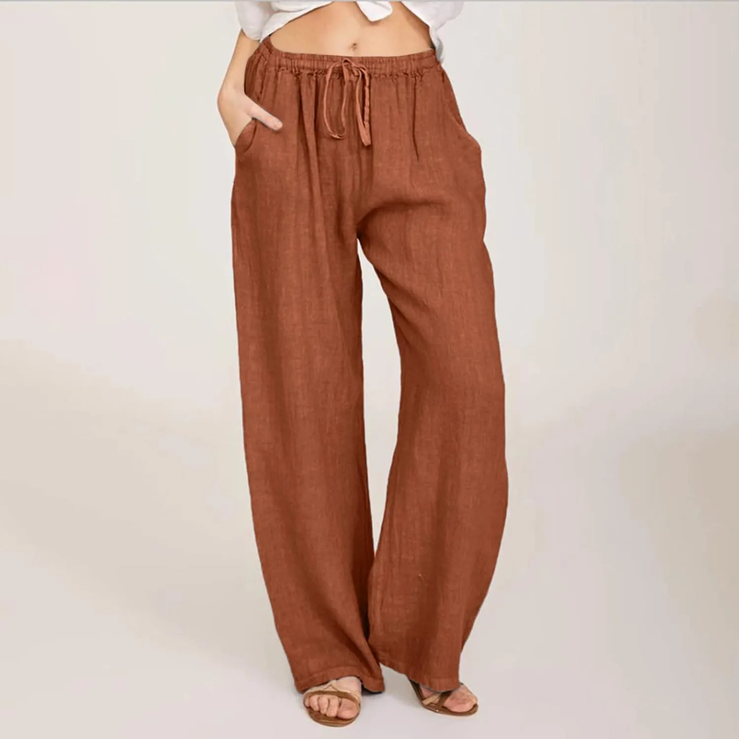 Women Linen Blend Summer Flowy Pant Trousers High Waist Long Lounge Slim Fit Pant Trousers Office