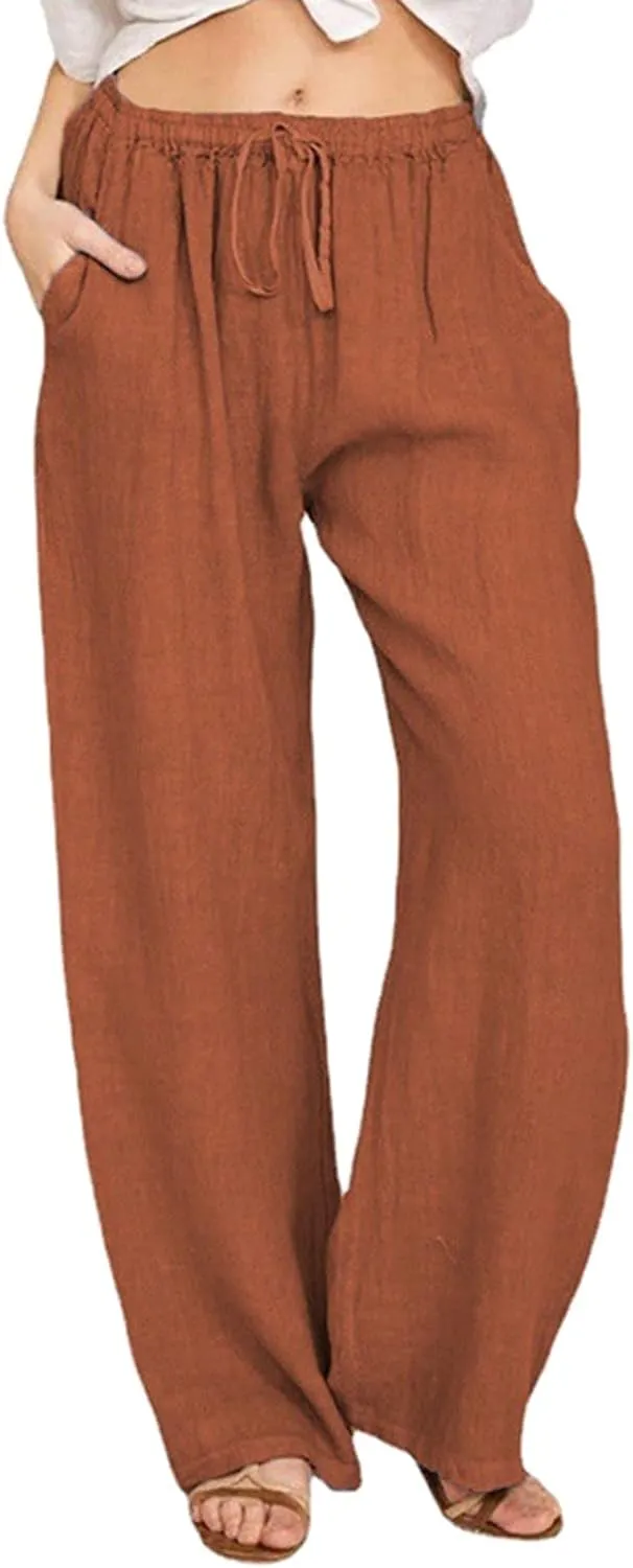 Women Linen Blend Summer Flowy Pant Trousers High Waist Long Lounge Slim Fit Pant Trousers Office