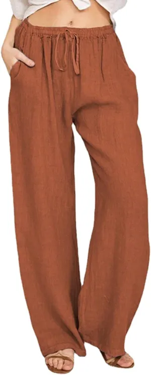 Women Linen Blend Summer Flowy Pant Trousers High Waist Long Lounge Slim Fit Pant Trousers Office