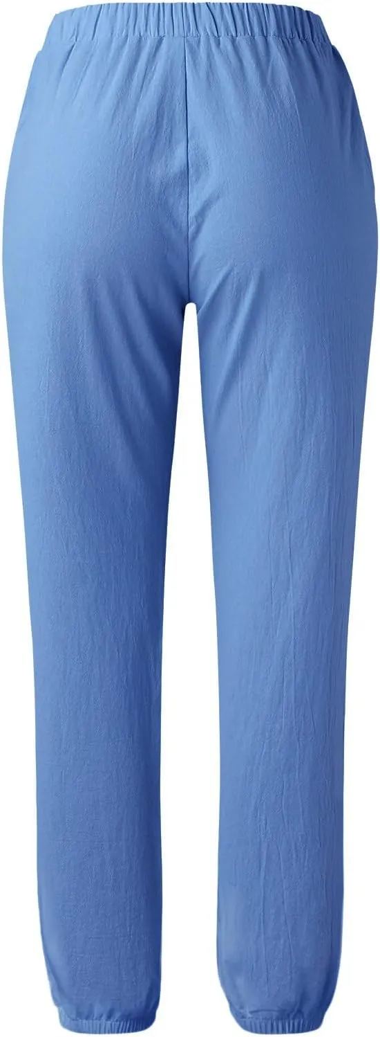 Women Linen Blend Summer Flowy Pants Elastic Waist Straight Loose Fit Pants Work Business