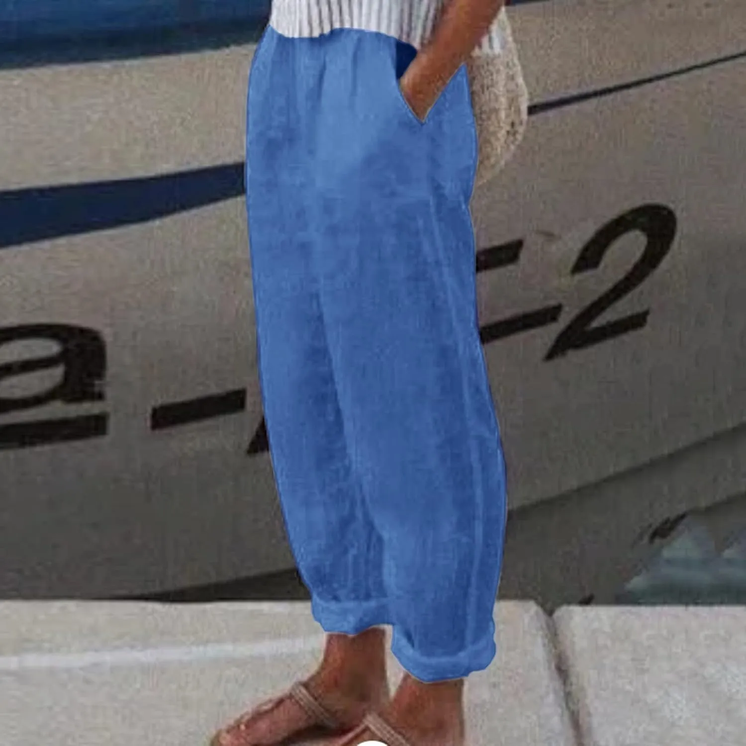 Women Linen Blend Summer Flowy Pants Elastic Waist Straight Loose Fit Pants Work Business
