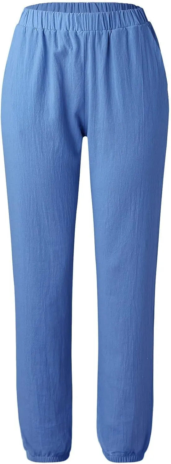 Women Linen Blend Summer Flowy Pants Elastic Waist Straight Loose Fit Pants Work Business