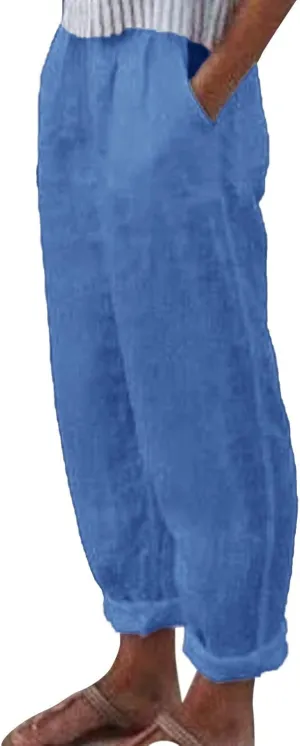 Women Linen Blend Summer Flowy Pants Elastic Waist Straight Loose Fit Pants Work Business