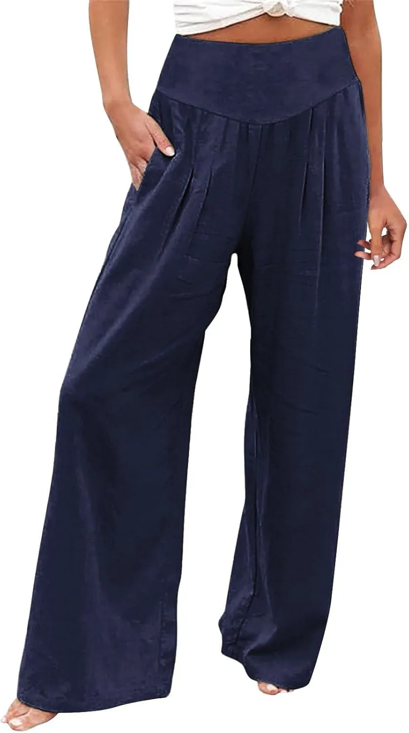 Women Linen Blend Summer Letter Patched Palazzo Pants Elastic Waisted Lounge Pants Slim Fit Trousers Business Work