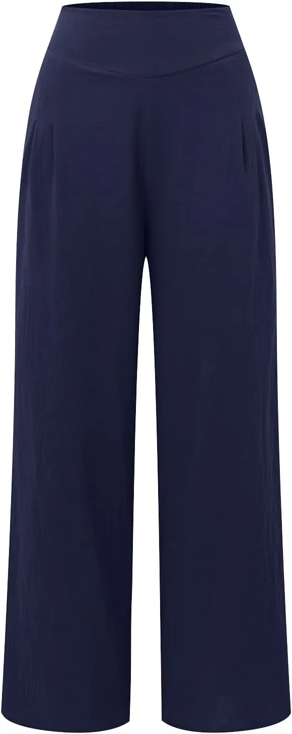 Women Linen Blend Summer Letter Patched Palazzo Pants Elastic Waisted Lounge Pants Slim Fit Trousers Business Work