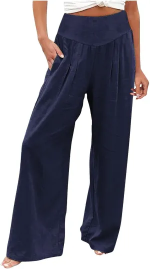 Women Linen Blend Summer Letter Patched Palazzo Pants Elastic Waisted Lounge Pants Slim Fit Trousers Business Work