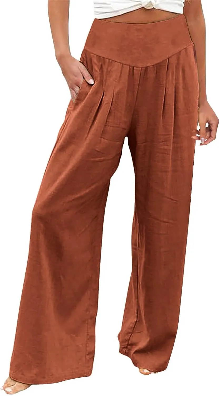 Women Linen Blend Summer Letter Patched Palazzo Pants Elastic Waisted Lounge Pants Slim Fit Trousers Business Work