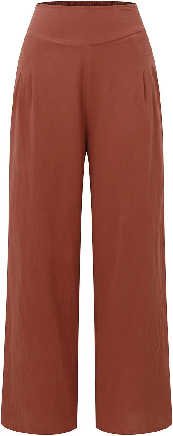 Women Linen Blend Summer Letter Patched Palazzo Pants Elastic Waisted Lounge Pants Slim Fit Trousers Business Work