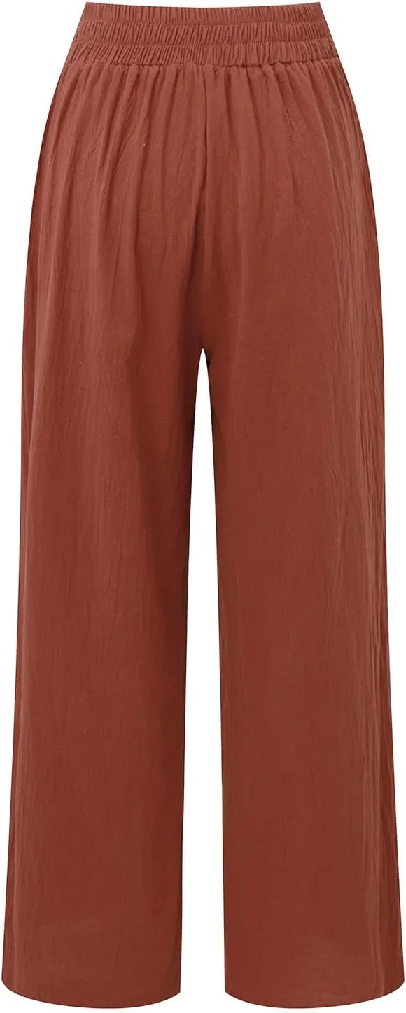 Women Linen Blend Summer Letter Patched Palazzo Pants Elastic Waisted Lounge Pants Slim Fit Trousers Business Work