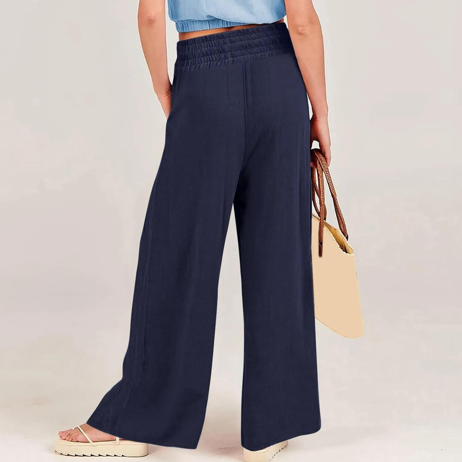 Women Linen Blend Summer Letter Patched Palazzo Pants Elastic Waisted Lounge Pants Slim Fit Trousers Business Work