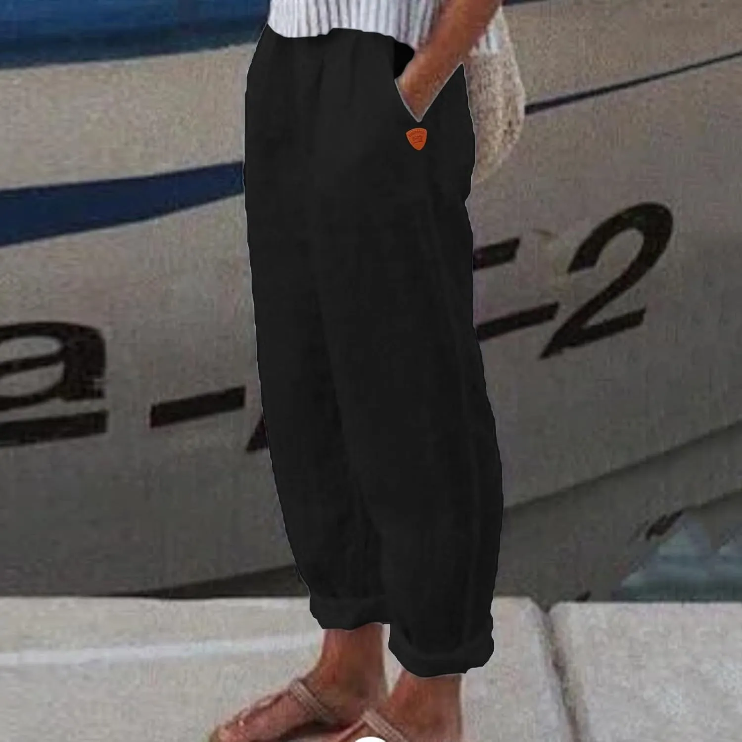 Women Linen Blend Summer Loose Flowy Palazzo Lounge Pants Elastic Waisted Wide Leg Plus Size Trousers Trendy