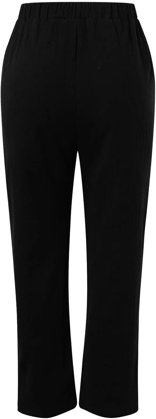 Women Linen Blend Summer Loose Flowy Palazzo Lounge Pants Elastic Waisted Wide Leg Plus Size Trousers Trendy