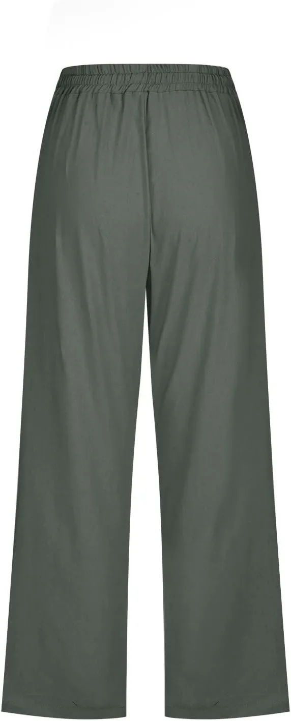 Women Linen Blend Summer Loose Pants Low Waist Baggy Stretchy Slim Fit Pant Trousers Business Work