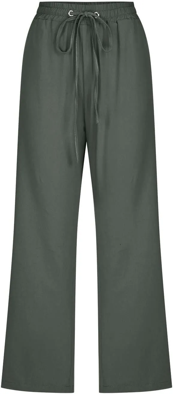 Women Linen Blend Summer Loose Pants Low Waist Baggy Stretchy Slim Fit Pant Trousers Business Work