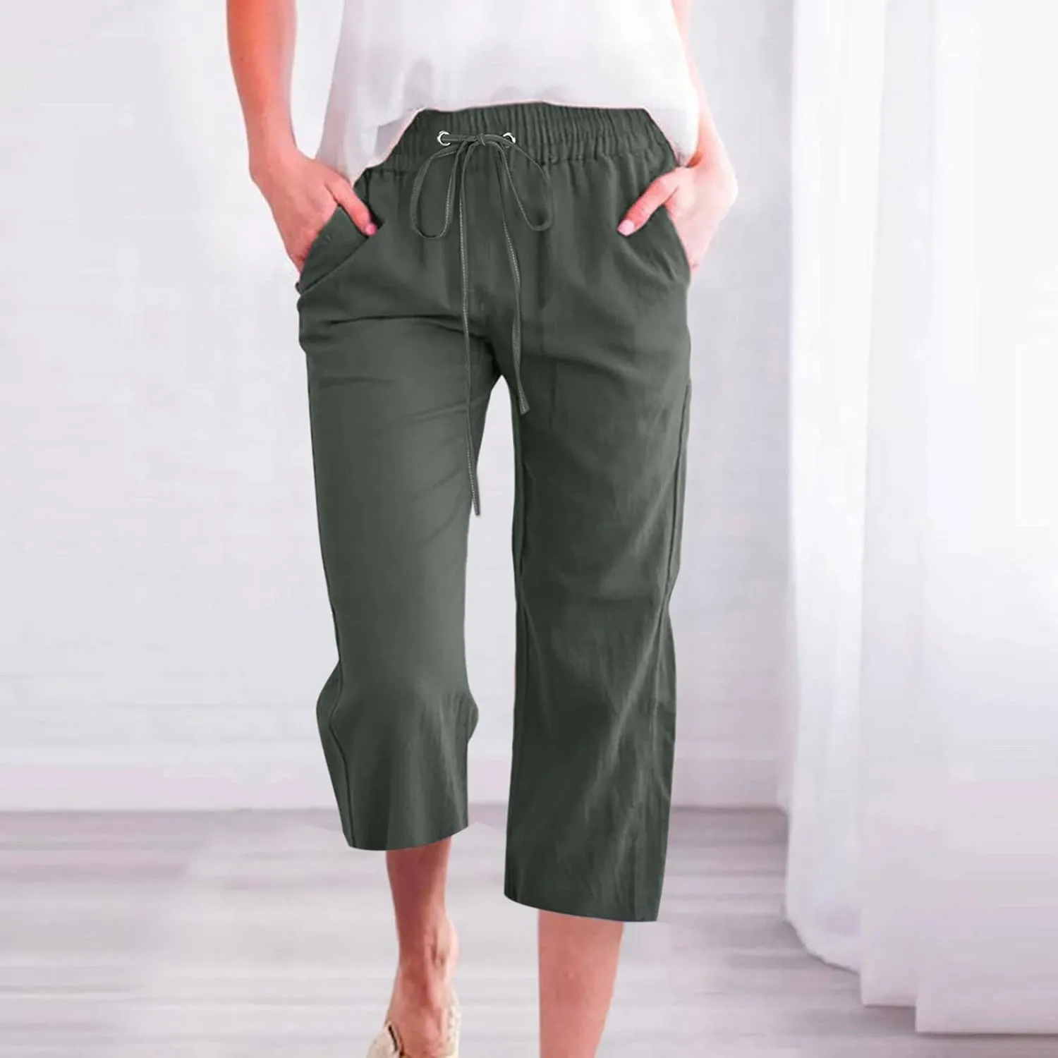 Women Linen Blend Summer Loose Pants Low Waist Baggy Stretchy Slim Fit Pant Trousers Business Work