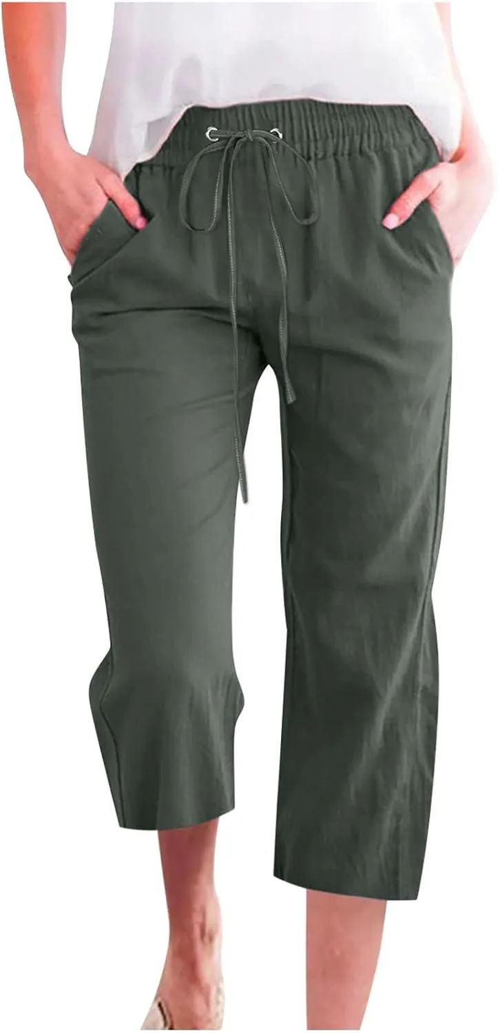 Women Linen Blend Summer Loose Pants Low Waist Baggy Stretchy Slim Fit Pant Trousers Business Work