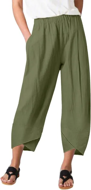 Women Linen Blend Summer Print Pant Trousers Low Waist Baggy Stretchy Slim-Fit Pant Trousers Office