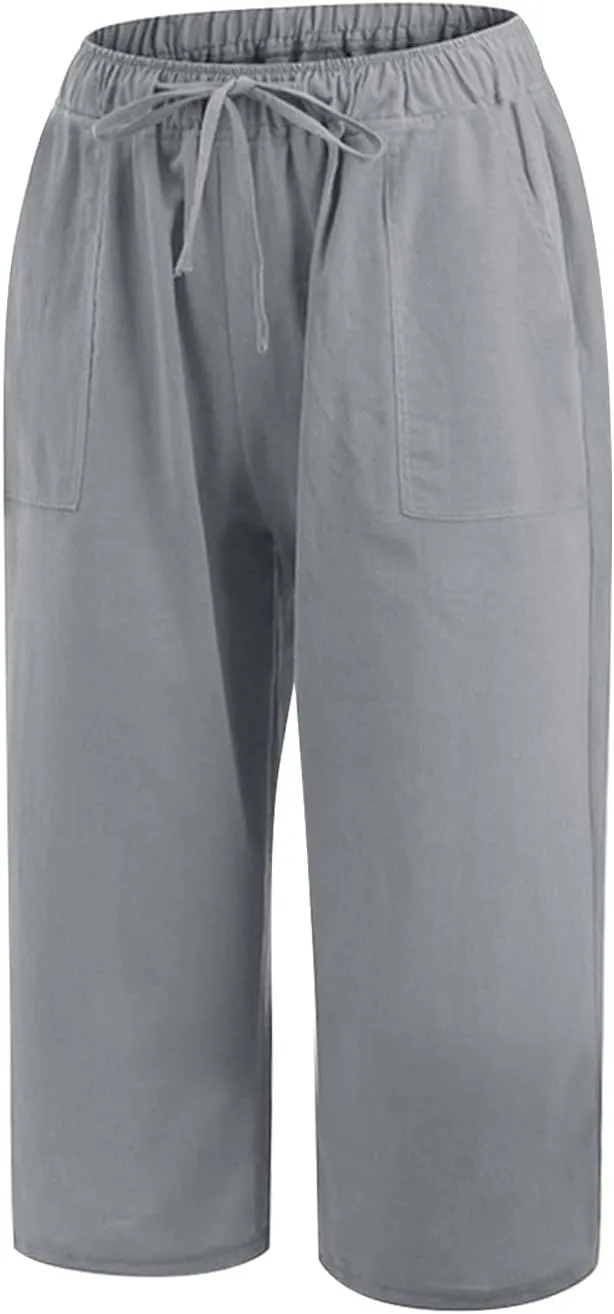 Women Linen Blend Summer Pull On Palazzo Lounge Pants High Waist Straight Slim-Fit Trousers Beach