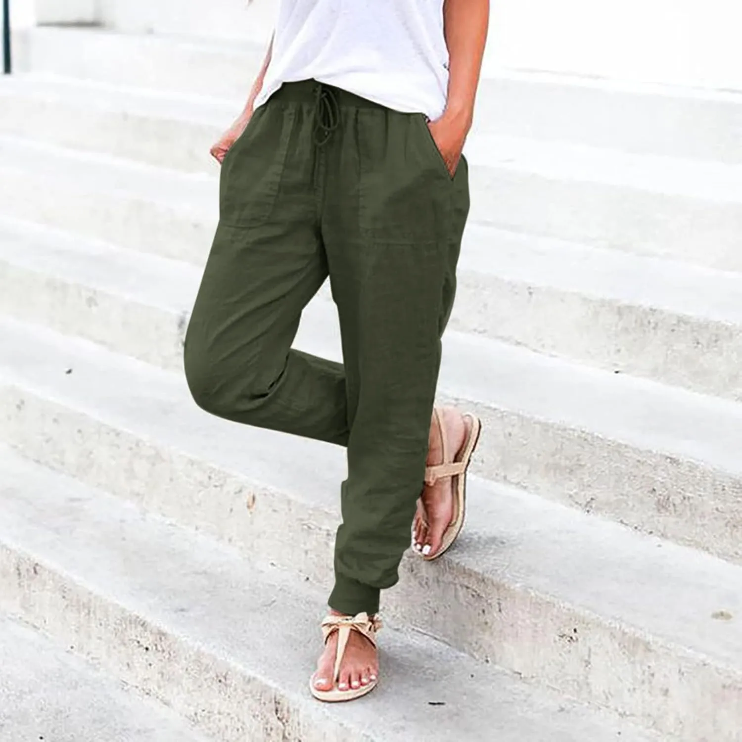 Women Linen Blend Summer Striped Palazzo Pants Elastic Waist Baggy Stretchy Slim-Fit Palazzo Lounge Pants
